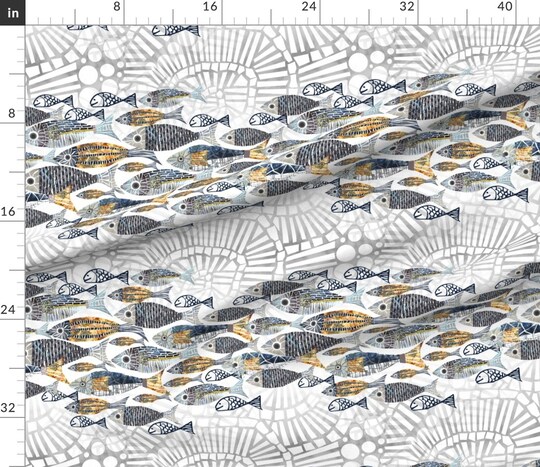 Whimsical Fish Coastal Mosaic Watercolor Collage Modern Gouache Lake Custom Printed Fabric by Spoonflower Various Fabrics by the Yard or Fat Quarter